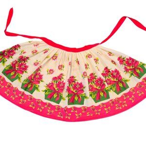 Vintage Christmas Apron Poinsettia Floral Print red Waist Ties Holiday Hostess